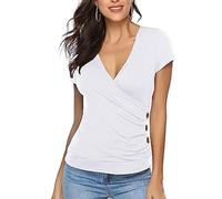 EMOTTOS Tops d'été à Boutons pour Femmes, Y2K Slim Fit V-Neck Cross Wrap Shirts, Chemise à col en V Profond, Crop Top Doux, Bouton Tunique Tops Blouse, Fashion Skinny Y2K Tee Shirt（White-L）