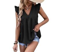 EMOTTOS Tops d'été à Volants pour Femmes, Tops décontractés à col en V avec Manches à Volants, Swing Loose Crop Top Vest à Ourlet froncé(Black-L)