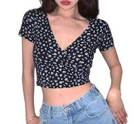 EMOTTOS Tops Floraux Sexy pour Femmes, Y2K Slim Fit V-Neck Cross Wrap Shirts, Chemise à col en V Profond, Soft Crop Top, Fashion Skinny Y2K Tee Shirt(Black/White,S/M/L)