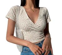 EMOTTOS Tops Floraux Sexy pour Femmes, Y2K Slim Fit V-Neck Cross Wrap Shirts, Chemise à col en V Profond, Soft Crop Top, Fashion Skinny Y2K Tee Shirt(Black/White,S/M/L)