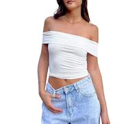 EMOTTOS Tops froncés à Une épaule pour Femmes, élégant Crop Top plissé à Manches plongeantes, Summer Sexy Off-Shoulder Ruched Waist Shirt, T-Shirt Skinny Y2K à la Mode(Blanc,S-L)
