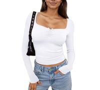 EMOTTOS Tops Froncés pour Femmes, Tops y2k Féminins à la Mode pour Les Loisirs Tee Tops u Collier Coupe étroite Nœud Papillon à Manches Longues, Blanc, L