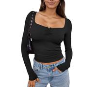EMOTTOS Tops Froncés pour Femmes, Tops y2k Féminins à la Mode pour Les Loisirs Tee Tops u Collier Coupe étroite Nœud Papillon à Manches Longues, Noir, S
