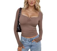 EMOTTOS Tops Froncés pour Femmes, Tops y2k Féminins à la Mode pour Les Loisirs Tee Tops u Collier Coupe étroite Nœud Papillon à Manches Longues, Marron, M
