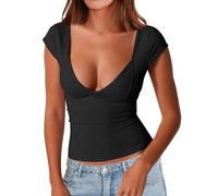 EMOTTOS Tops plissés à Coupe Basse pour Femmes - Chemise Moulante Sexy à cœur Doux, Unique Y2k Slim Fit Crop Top Going Out Streetwear, Fashion Skinny Y2K Tee Shirt（Black-M）