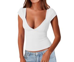 EMOTTOS Tops plissés à Coupe Basse pour Femmes - Chemise Moulante Sexy à cœur Doux, Unique Y2k Slim Fit Crop Top Going Out Streetwear, Fashion Skinny Y2K Tee Shirt（White-M）