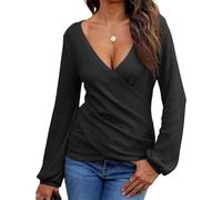 EMOTTOS Tops Sexy à col en V pour Femmes- Chemises Blouse Femme ajustées, Crop Top Doux avec V Profond et Manches Longues, Haut à Ourlet froncé irrégulier, t-Shirt Mode Skinny Y2K Blouse(Black-L)