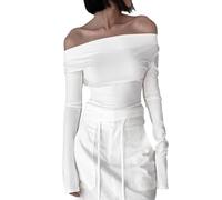 EMOTTOS Tops Sexy à Lacets pour Femmes, Top Court à Manches Longues et Encolure dégagée, Chemise Longue à Lacets, Dos Nu, épaules Nues, T-Shirt Skinny Y2K(Noir/Blanc, S-XL)