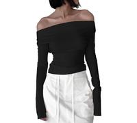 EMOTTOS Tops Sexy à Lacets pour Femmes, Top Court à Manches Longues et Encolure dégagée, Chemise Longue à Lacets, Dos Nu, épaules Nues, T-Shirt Skinny Y2K(Noir/Blanc, S-XL)