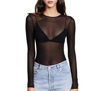 EMOTTOS Tops Sexy en Dentelle pour Femmes, Slim Fit Tulle Mesh See-Through Long Sleeve, Round Neck See Through Shirts for Women, Female Sexy Leotard Clubwear(B2-Black)