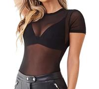 EMOTTOS Tops Sexy en Dentelle pour Femmes, Slim Fit Tulle Mesh See-Through Short Sleeve, Round Neck See Through Shirts for Women, Female Sexy Leotard Clubwear(B1-Black)