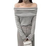 EMOTTOS Tops Sexy en Tricot rayé, Manches Longues côtelées à Une épaule, Chemises rayées sans Bretelles pour Femmes, Top Sexy pour Femmes, Taille Unique
