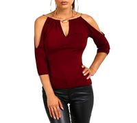 EMOTTOS Unique Women 3/4-Sleeve Tops, T-Shirt décontracté à col en V avec chaîne Mobile, Off-Shoulder 3/4 Long Sleeve Tunic Tops Pullover T-Shirt(Red-L)