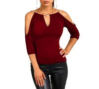 EMOTTOS Unique Women 3/4-Sleeve Tops, T-Shirt décontracté à col en V avec chaîne Mobile, Off-Shoulder 3/4 Long Sleeve Tunic Tops Pullover T-Shirt(Red-M)