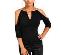 EMOTTOS Unique Women 3/4-Sleeve Tops, T-Shirt décontracté à col en V avec chaîne Mobile, Off-Shoulder 3/4 Long Sleeve Tunic Tops Pullover T-Shirt(Black-L)