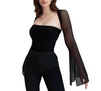 EMOTTOS Vintage Debardeur et Hausse 2 pièces pour femmes, Y2K Haut Transparents Ouverts sans Bolero en Maille Fashion Club Party Epaule Unique Bustier Sexy Transparent Mesh, Noir, M