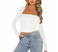 EMOTTOS Women Y2k Low-Cut Tops, Sexy Square Neck Lace Patchwork T-Shirt, Chemisier élégant Slim Fit Basic à Manches Longues avec nœud Papillon(White-L)