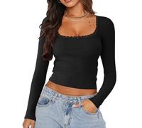 EMOTTOS Women Y2k Low-Cut Tops, Sexy Square Neck Lace Patchwork T-Shirt, Chemisier élégant Slim Fit Basic à Manches Longues avec nœud Papillon(Black-L)