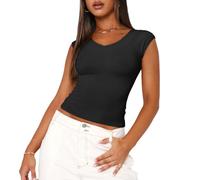 EMOTTOS Y2K Crop Top Femmes, Cropped Top Épaule Courte ou Col en V Manches Courtes Tshirt Tee Shirt Femmes Cropped Tops Basic Tee, Noir S