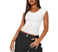 EMOTTOS Y2K Crop Top Femmes, Cropped Top Épaule Courte ou Col en V Manches Courtes Tshirt Tee Shirt Femmes Cropped Tops Basic Tee, Blanc M