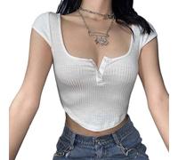 EMOTTOS Y2K Crop Top Femmes, Top Col en U Manches Courtes avec Bouton, Tshirt Tee Shirt Femmes Cropped Tops Basic Tee Coupe Étroite, Blanc M