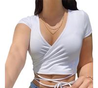 EMOTTOS Y2K Crop Top Femmes, Top Col en V Manches Courtes Tshirt, Cravate sur Le Devant Tee Shirt Femmes Cropped Tops Basic Tee, Blanc S