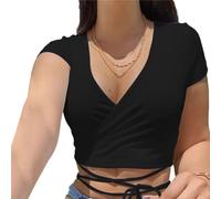 EMOTTOS Y2K Crop Top Femmes, Top Col en V Manches Courtes Tshirt, Cravate sur Le Devant Tee Shirt Femmes Cropped Tops Basic Tee, Noir L