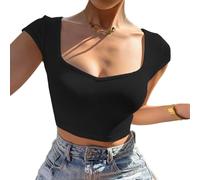 EMOTTOS Y2K Crop Top Femmes, Top Col en V Manches Courtes Tshirt, Dos Nu Tee Shirt Femmes Cropped Tops Basic Tee, Noir L