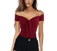 EMOTTOS Y2K Crop Top Femmes, Top Épaule Courte Col en V Manches Courtes Tshirt Tee Shirt Femmes Cropped Tops Basic Tee, Rouge M