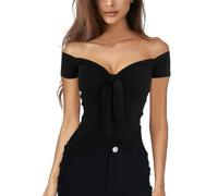 EMOTTOS Y2K Crop Top Femmes, Top Épaule Courte Col en V Manches Courtes Tshirt Tee Shirt Femmes Cropped Tops Basic Tee, Noir S