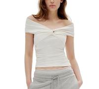 EMOTTOS Y2K Crop Top Femmes, Top Épaule Courte Col en V Manches Courtes, Tshirt Tee Shirt Femmes Cropped Tops Basic Tee Coupe Étroite, Blanc S