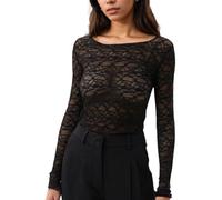 EMOTTOS Y2K Tops en Dentelle Transparente pour Femmes, T-Shirts Sexy en Maille avec Découpes Brodées Tee Shirt, Ajusté Top Dentelle pour Filles en Boîte de Nuit, Noir, S