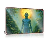 Empire Poster Figurine rustique bleue debout devant un soleil géant avec des arbres tropicaux pour la terrasse - Ensemble de bain personnalisable (20 x 30 cm)