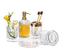 EMPO 6pcs Accessoires de Salle de Bain en Verre Transparent (Distributeur de Savon, Porte-Savon, Porte-Brosse à Dents, Gobelet, Pot à Cotons-Tige), Décoration Moderne Cristal Vintage (Transparentes)