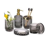 EMPO 6pcs Accessoires de Salle de Bain en Verre Transparent (Distributeur de Savon, Porte-Savon, Porte-Brosse à Dents, Gobelet, Pot à Cotons-Tige), Décoration Moderne Cristal Vintage (Gris)