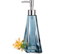 EMPO Distributeur de Savon en Verre Vintage élégant - Distributeur de Savon Liquide/Désinfectant/Shampooing avec Pompon, Décoration Rustique, Accessoires de Salle de Bain (Bleu Ondulé)