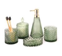 EMPO Ensemble complet d'accessoires de salle de bain en verre diamant 5 pièces, distributeur de lotion triangulaire, porte-savon, porte-brosse à dents, gobelet, pots à cotons-tiges, décoration moderne