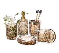 EMPO Ensemble d'accessoires de Salle de Bain en Verre Transparent (Distributeur de Lotion, Distributeur de Savon, Porte-Savon, Porte-Brosse à Dents, Verre, Pot de Coton) Accessoires Modernes