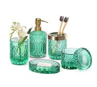 EMPO Lot de 6 Accessoires de Salle de Bain en Verre Transparent (Distributeur de Savon, Porte-Savon, Porte-Brosse à Dents, gobelet, Pot à Cotons-tiges), décoration Moderne contemporaine en Cristal