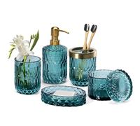 EMPO Lot de 6 accessoires de salle de bain en verre transparent (distributeur de savon, porte-savon, porte-brosse à dents, gobelet, pot à cotons-tiges), décoration moderne contemporaine en cristal