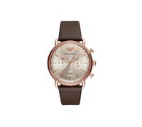 Emporio Armani AR11106 Chronographe: bracelet cuir brun, boîtier acier doré rose, cadran 43 mm, date, 5 ATM