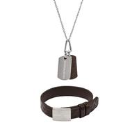 Emporio Armani Collier et Bracelet pour Homme en Acier Inoxydable Argenté et Cuir, Set