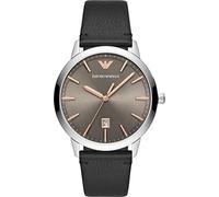 Emporio Armani Montre pour homme, mouvement à trois aiguilles avec date, boîtier en acier inoxydable argenté de 43 mm avec bracelet en cuir, AR11277