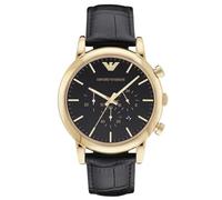 Emporio Armani Montre pour homme, mouvement chronographe à quartz, boîtier en acier inoxydable doré de 46 mm avec bracelet en cuir, AR1917