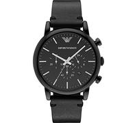 Emporio Armani Montre pour homme, mouvement chronographe à quartz, boîtier en acier inoxydable noir de 46 mm avec bracelet en cuir, AR1918