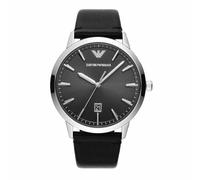 Emporio Armani Montre pour homme, mouvement date à trois aiguilles, boîtier en acier inoxydable argenté de 43 mm avec bracelet en cuir, AR11193