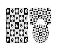 Empreinte De Patte Noire Et Blanche Drôle Et Mignonne pour Chien, Chat Et Chaton, Motif Patte d'animal, À Carreaux Et Griffes. Tapis De Bain 3Pcs, Tapis WC Doux Housse D'Abattant pour Douche