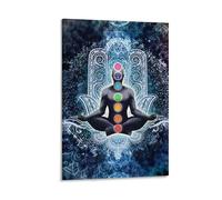 Empreintes de main de Bouddha Mudra Lotus 7 Chakras Hamsa sur toile Décoration murale Peinture à l'huile Déco encadrée 50,8 x 76,2 cm