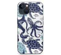 EMPYRI Coque de téléphone imprimée thème océan tortue pieuvre pour iPhone 13 Mini, ultra fine, résistante aux rayures et aux chocs, coque de téléphone en TPU noir, avec recharge sans fil
