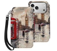 EMPYRI Red Phone Booth London Street Étui portefeuille en cuir imprimé pour iPhone 17 Pro - Étui à rabat magnétique avec emplacements pour cartes et dragonne